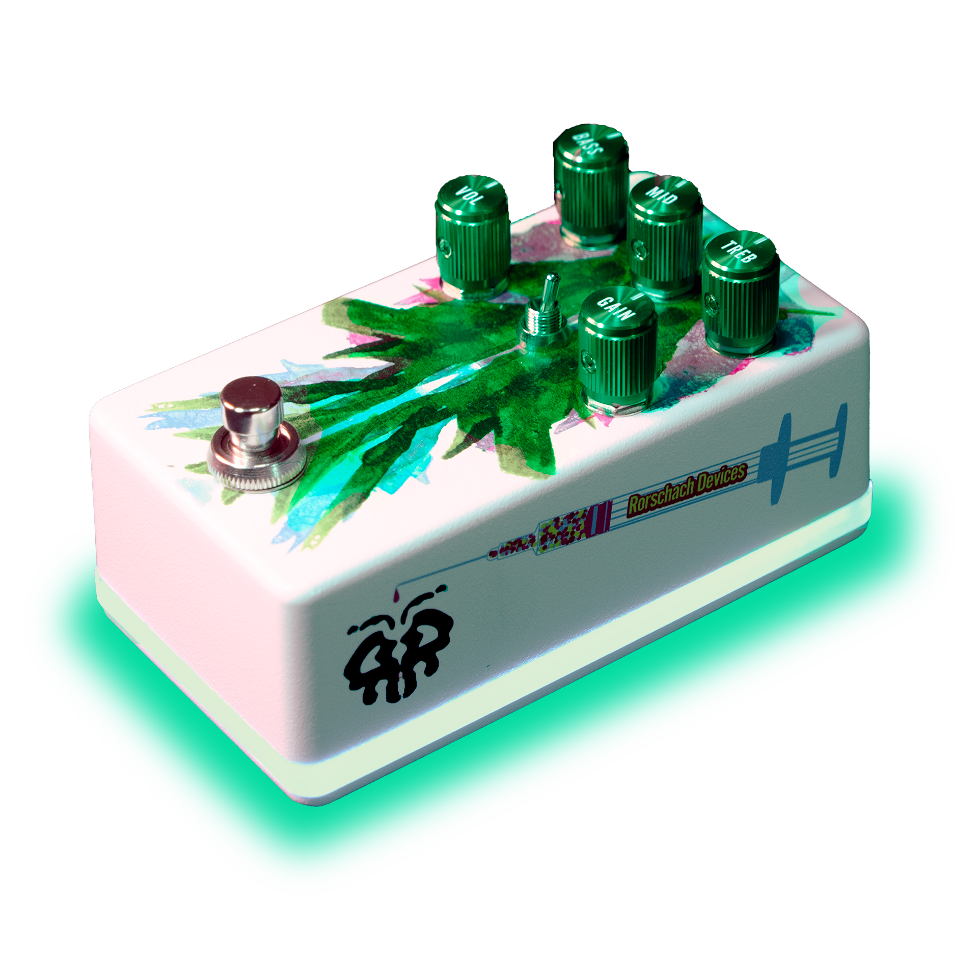 misophenia distortion pedal - side view with green glow