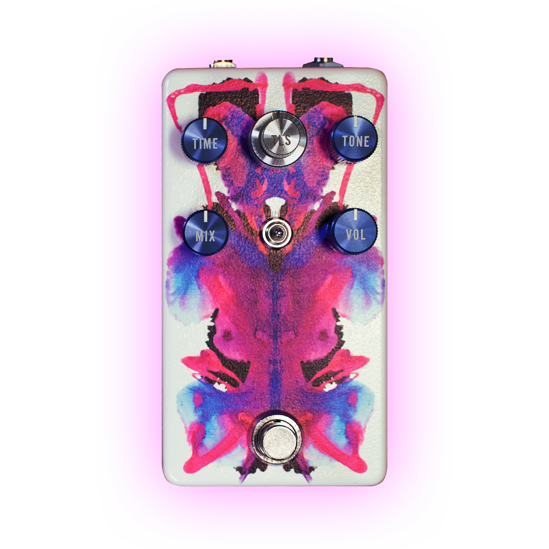 apophenia delay pedal - top down with outer pink glow