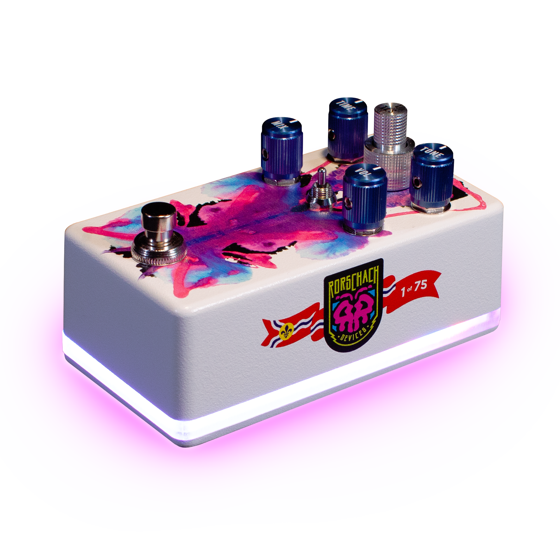 apophenia delay pedal - side view with outer pink glow